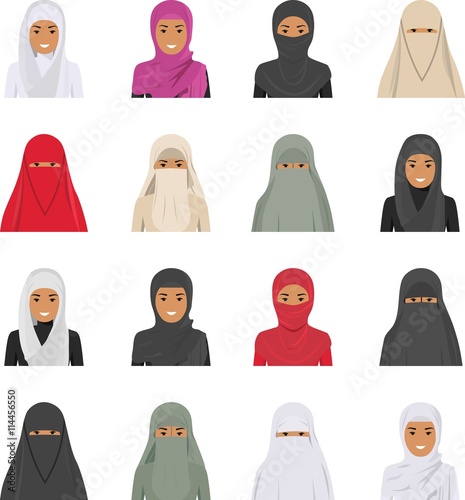 Different muslim arab people characters avatars icons set in flat style isolated on white background. Differences islamic saudi arabic ethnic woman smiling faces in traditional clothing. Vector