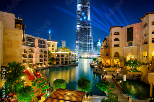 Famous downtown area in Dubai at night. United Arab Emirates.