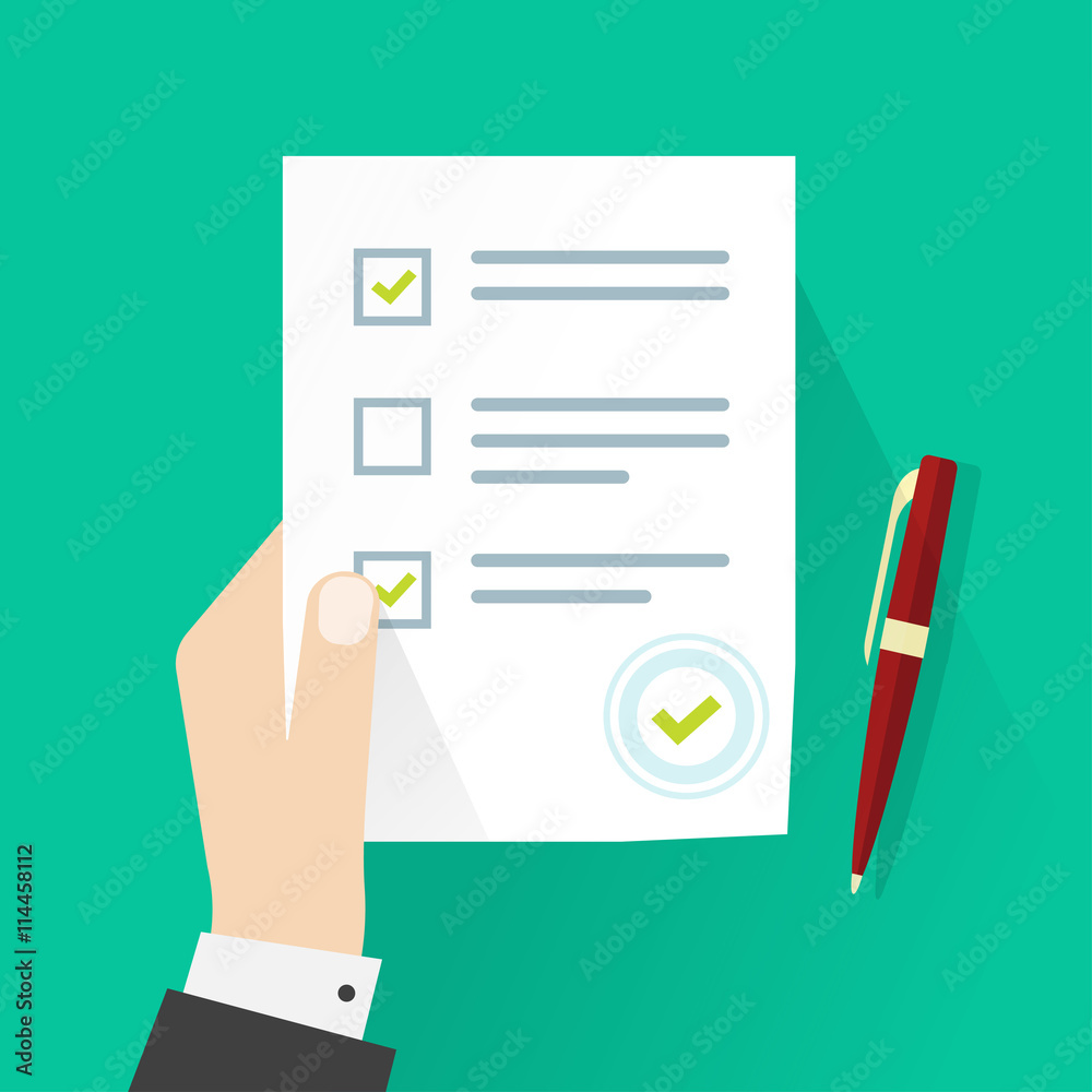 School exam test results vector illustration, student hand holding examination quiz paper form symbol with checkmark, pen flat icon, survey testing success sign isolated on green background School exam test results vector illustration, student hand holding examination quiz paper form symbol with checkmark, pen flat icon, survey testing success sign isolated on green background