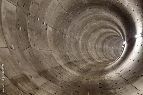 Round concrete elements of a built subway tunnel under construction. This tunnel is part of the north-south line under construction in Amsterdam