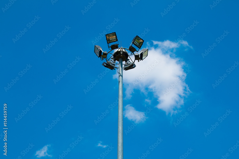 Pillar spotlights high on the blue sky Pillar spotlights high on the blue sky