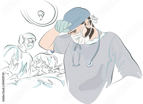 surgeon in the mask and uniform wipes his forehead after surgery tired. In the background, a sketch of the operation. The doctor finished the operation