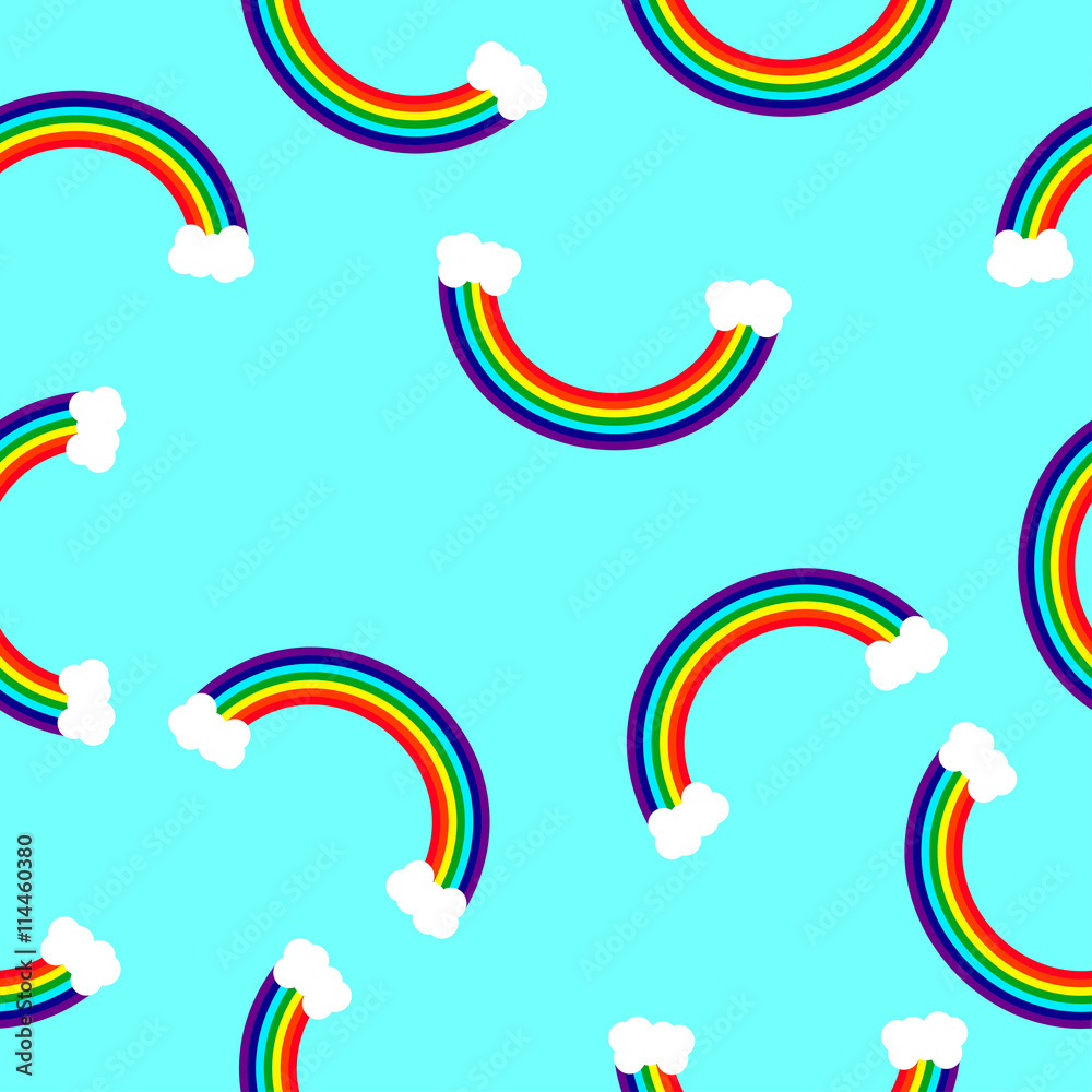 Obraz premium Rainbow pattern for seamless background...Rainbow with clouds on a blue background in a random order
