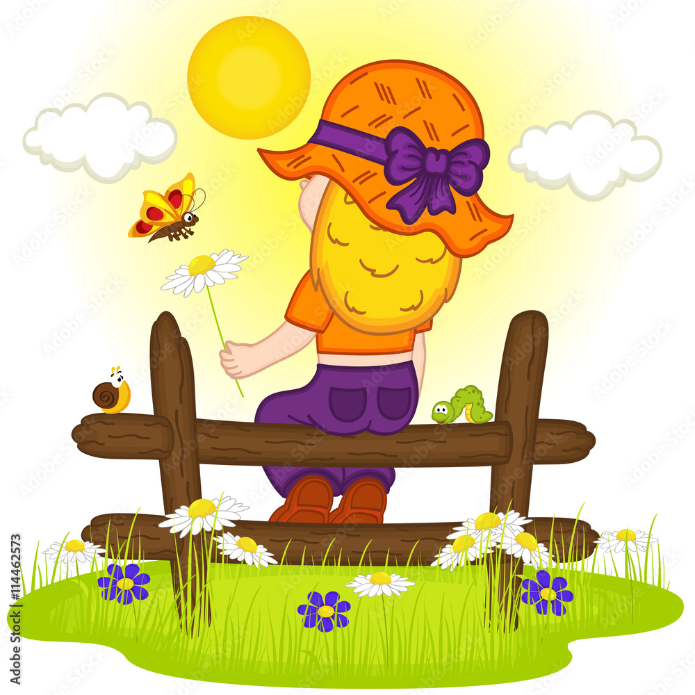 Naklejka premium girl with hat looks at sunset - vector illustration, eps