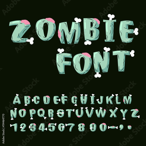 Zombie font. Bones and brains. Living dead alphabet. Green terri