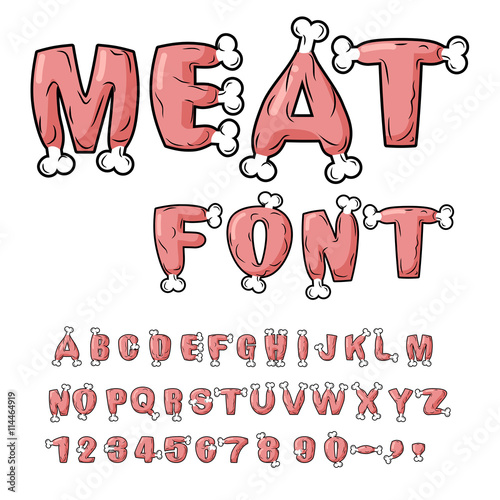 Meat font. Steak on bone alphabet. Pork alphabet. Beef letters.