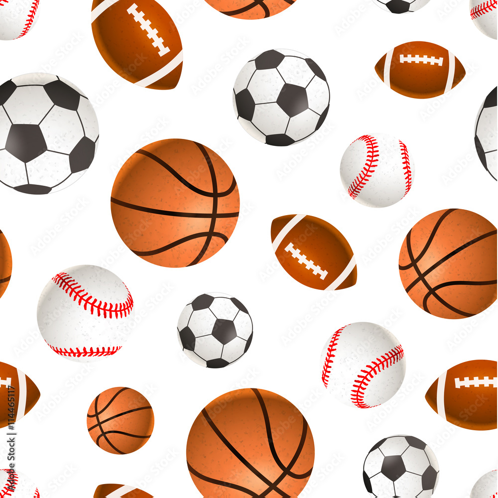 Sport balls for soccer, basketball, baseball and rugby on white, seamless pattern