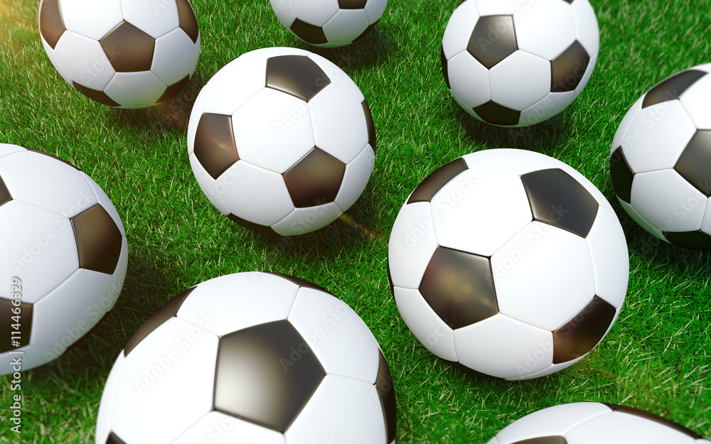3D rendered soccer balls on the grass. Football background. 3D rendered soccer balls on the grass. Football background.
