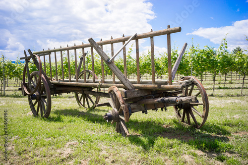 Discarded horse cart with broken wheels photo