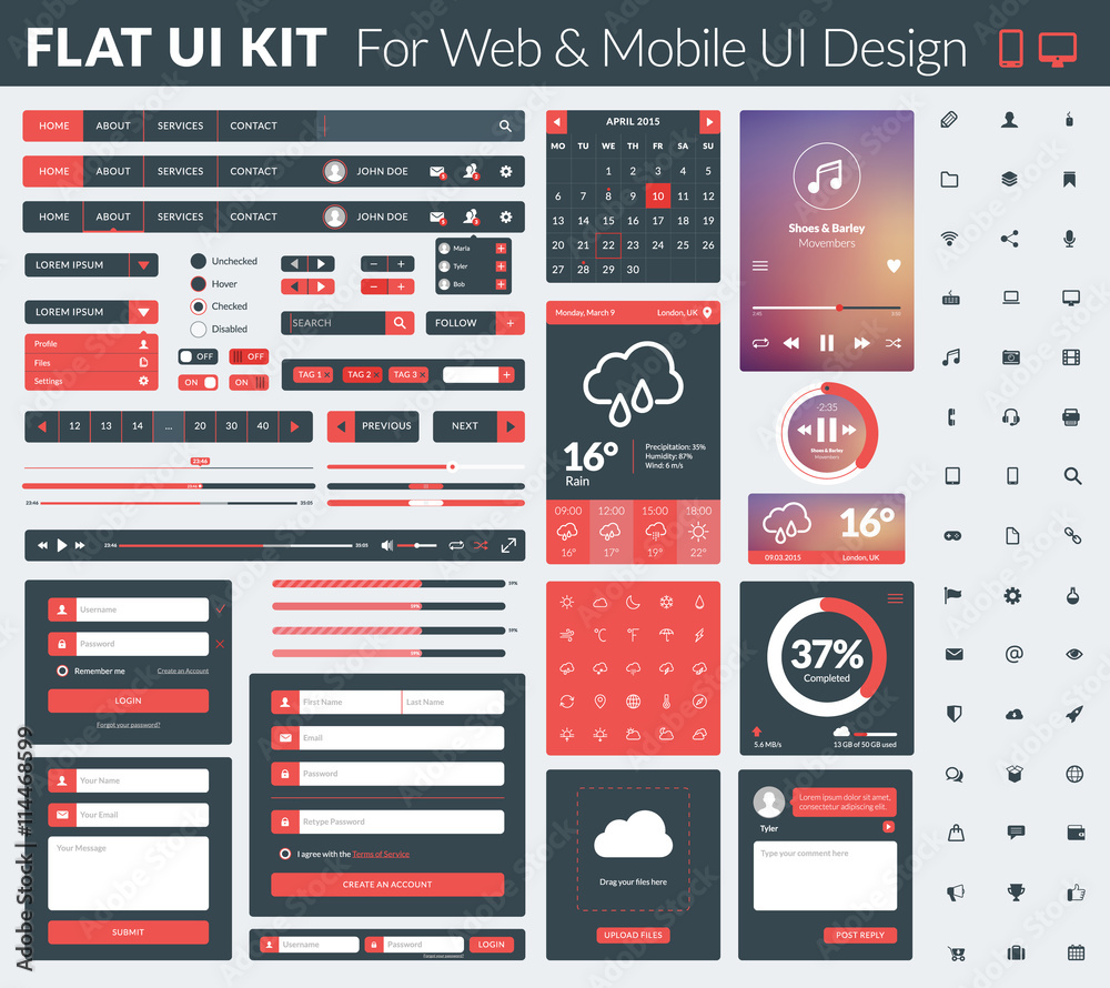 Set of flat design UI elements for website and mobile applications. Vector illustration. Icons, buttons, web elements
