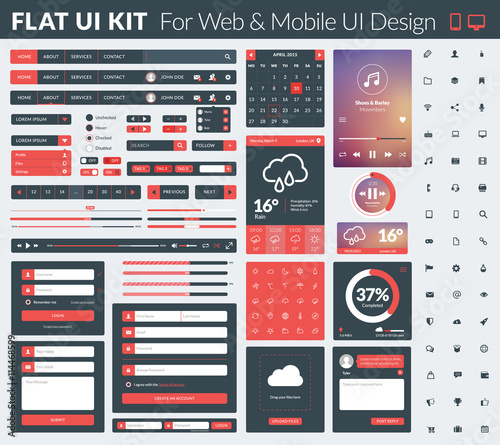 Set of flat design UI elements for website and mobile applications. Vector illustration. Icons, buttons, web elements