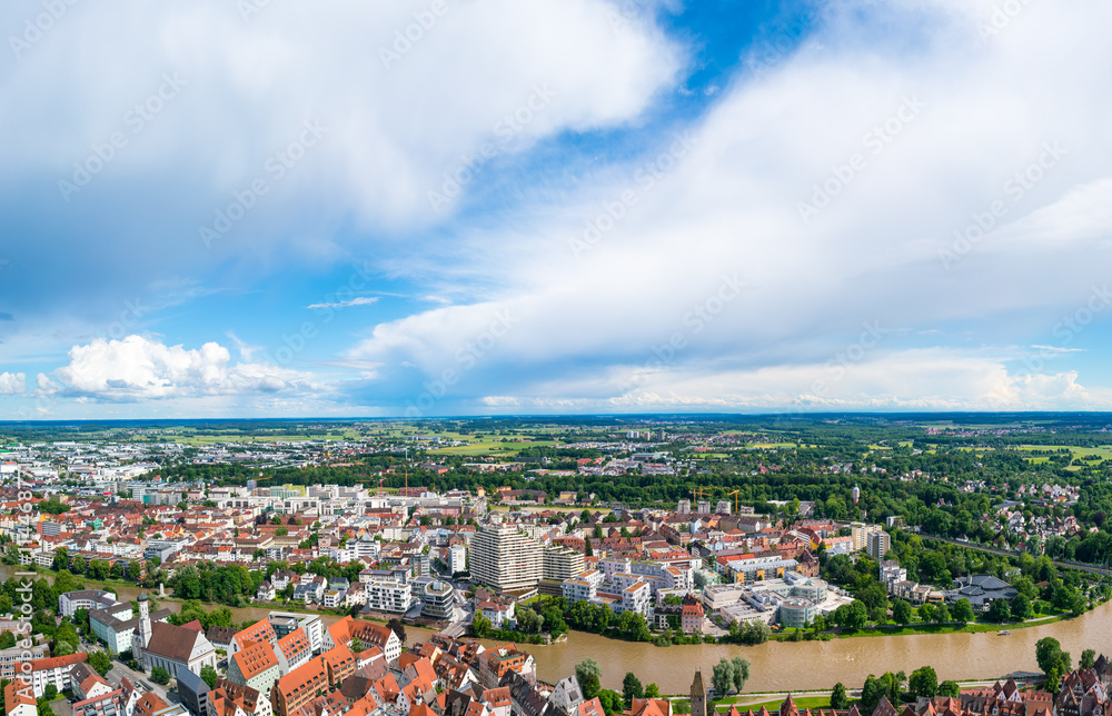 Ulm and Danube river bird view, Germany. Ulm is primarily known for having the tallest church in the world, and as the birth city of Albert Einstein.