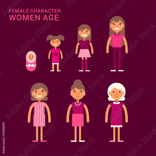 Women age. Life cycle. Different generations of women. From a cradle to a grave. Flat vector illustration