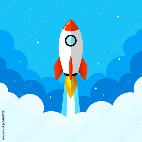 Startup illustration. Rocket in the clouds. Flat design style.