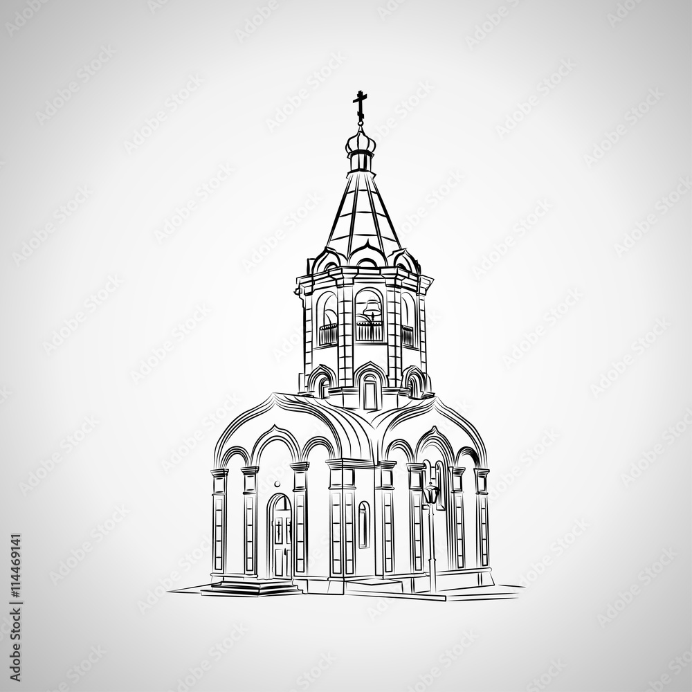 Sketch of the Christian chapel on a light background. Vector illustration.