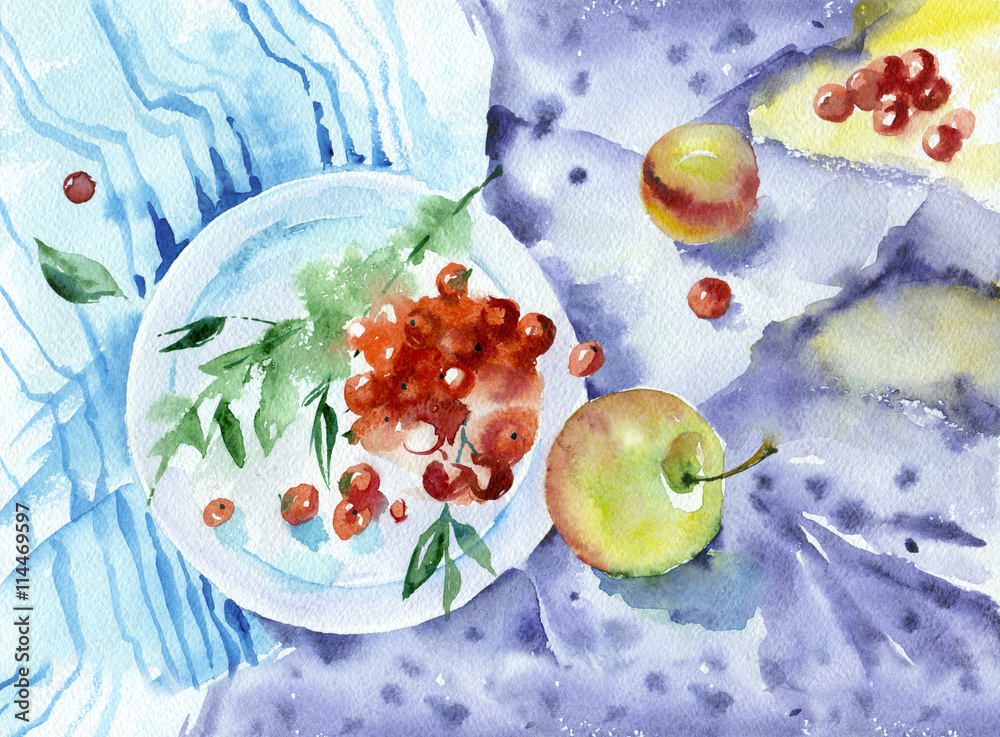 Fototapeta premium Watercolor painting. Still life with berries and apples on blue cloth.