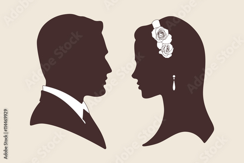 Vector vintage wedding design silhouettes of groom and bride