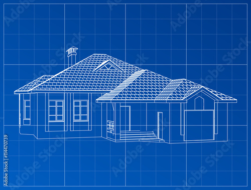3D render of a building vector. The contours of houses on a blue drawing