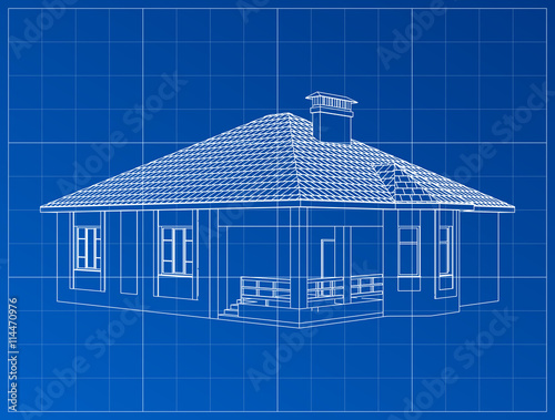 3D render of a building vector. The contours of houses on a blue drawing