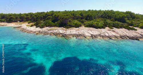 Proizd beach near dalmatian Island of Korcula ,Croatia.Beautiful peaceful island with crystal clear sea full of wildlife.Active summer diving location. Aerial view on beautiful beach. © eldarnurkovic