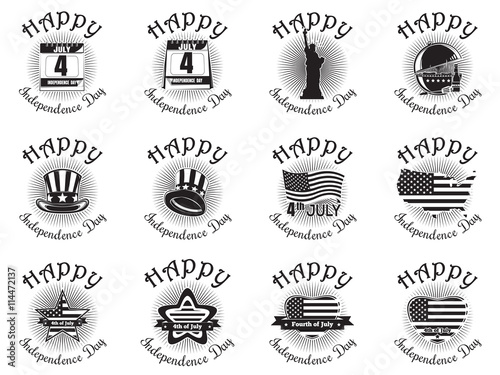 Big set icon for Independence Day. Happy Independence Day. Statue of Liberty, calendar with the date July 4, Uncle Sam hat, heart shaped American (USA) flag. Vector icon isolated on white background