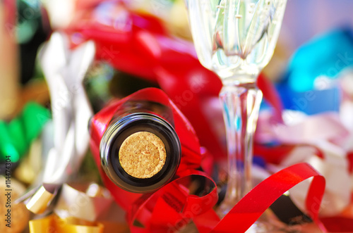 Macro of wine bottle with cork on colorfoul background