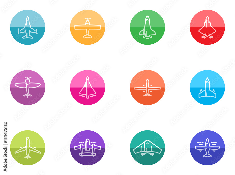 Airplane silhouette icons in color circles.