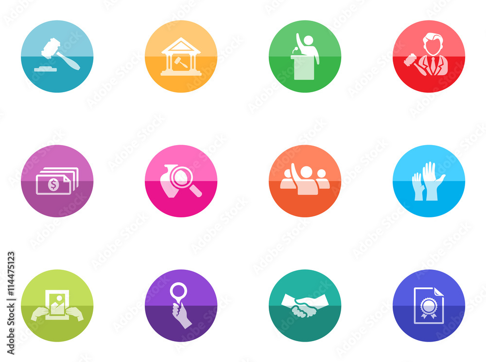 Auction icons in color circles.