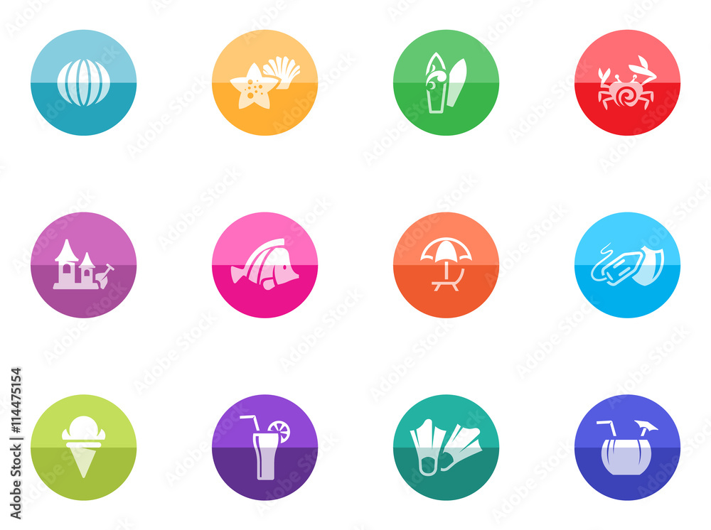 Beach icons in color circles. Beach icons in color circles.
