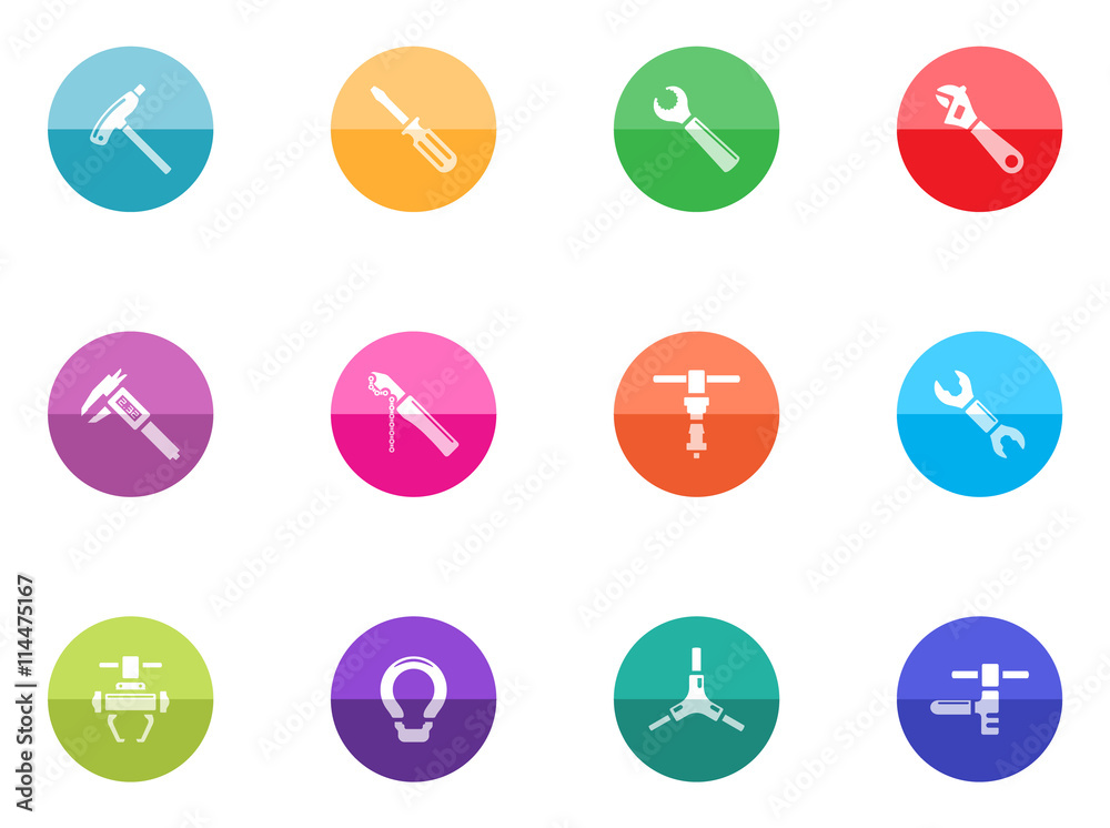 Bicycle tools icon series in color circles. Bicycle tools icon series in color circles.