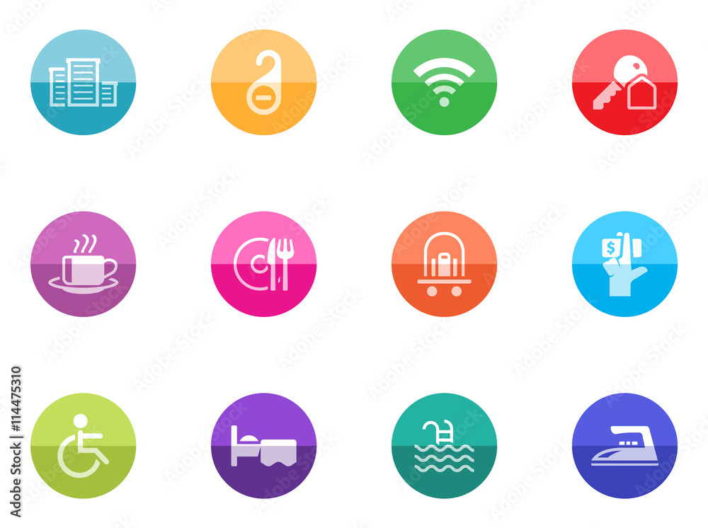 Fototapeta premium Hotel icons in color circles.