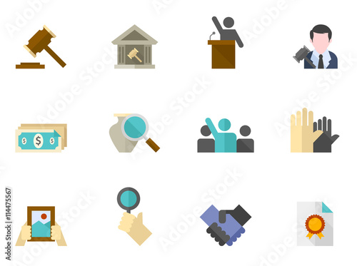 Auction icons in flat color style. Bidding, auctioneer.