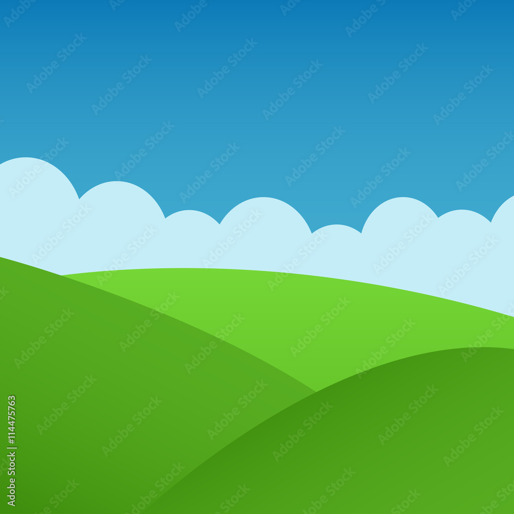 Simple grass, clouds and blue sky vector landscape.