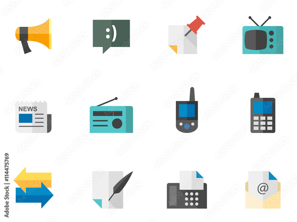 Communication icon series in flat color style.