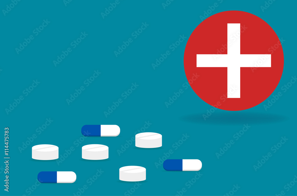 Obraz premium Blue medical pills and drugs with white red cross vector sign.