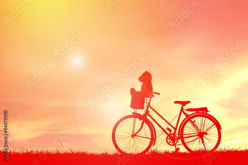 Silhouette bicycle and teddybear at sunset
