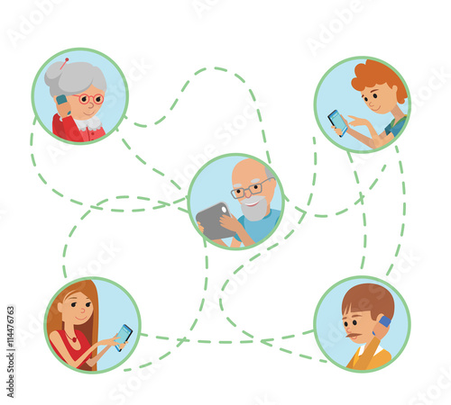 Family vector illustration flat style people faces online social media communications. Man woman parents grandparents with tablet phone.