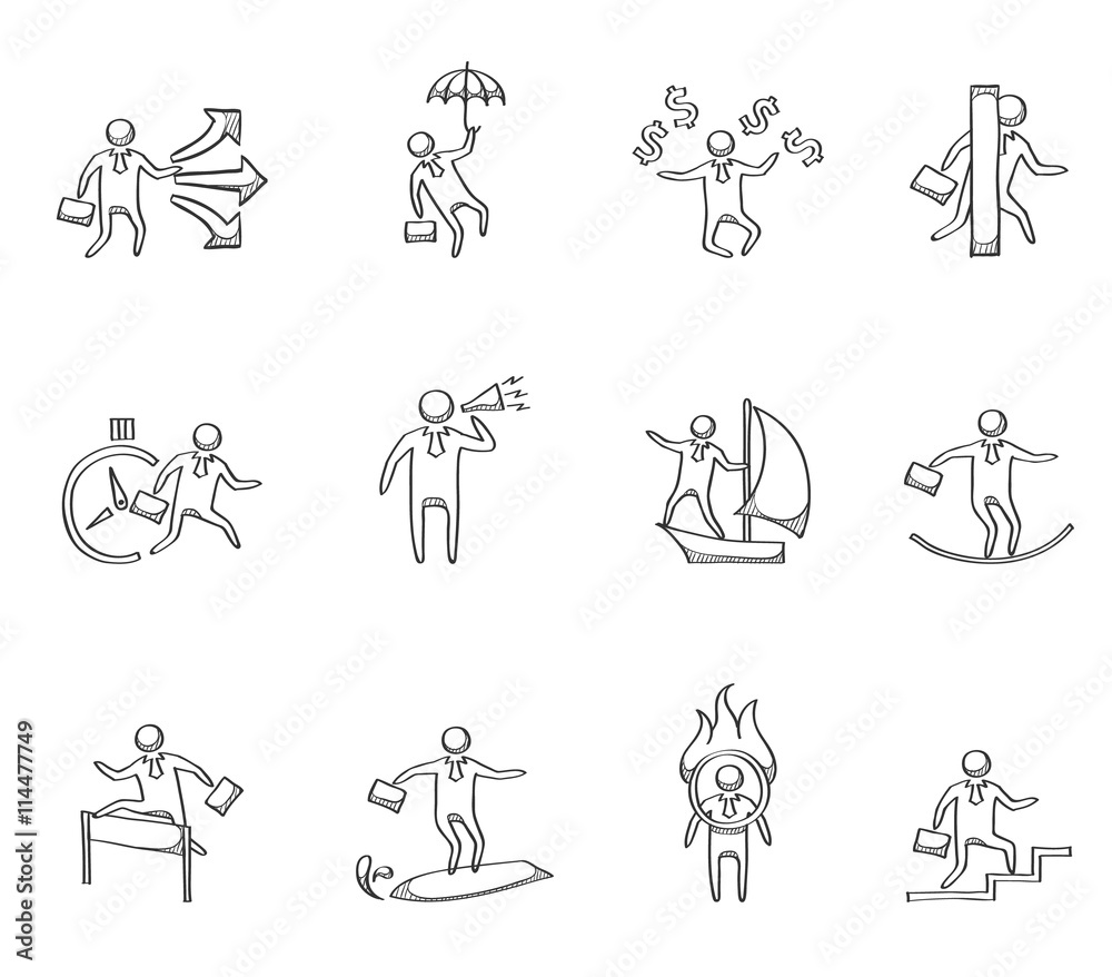 Businessman icon in various activities in sketch.