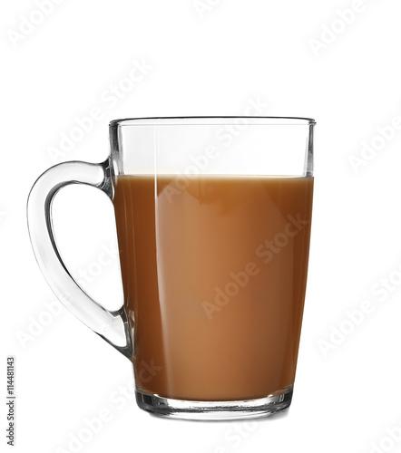 Glass cup of tea with milk isolated on white