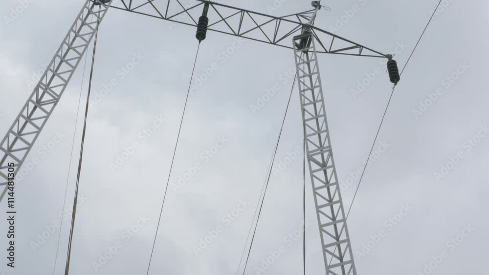 Electric energy transmission line pole 4K 2160p UHD footage - Power plant transmission metal construction and wires 4K 3840x2160 UHD video 