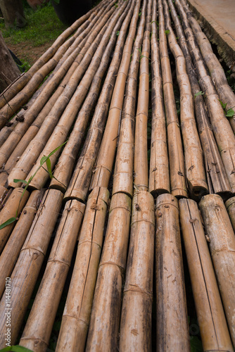 A line of yellow bamboo wall that fade and age by time.