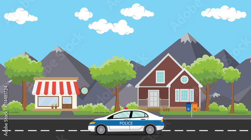 police patrol on city with car  the way public house or home vector graphic