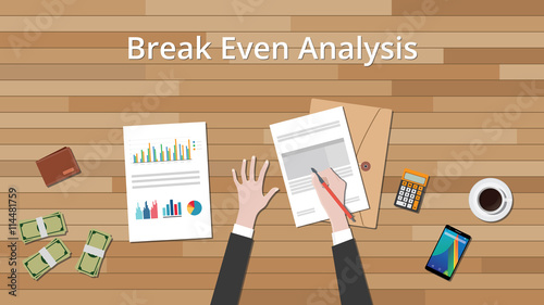 break even analysis concept businessman work on data graph and chart vector graphic