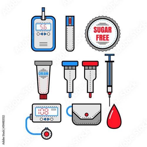 Diabetes. Set of flat colored icons. Glucometer and insulin. Vector