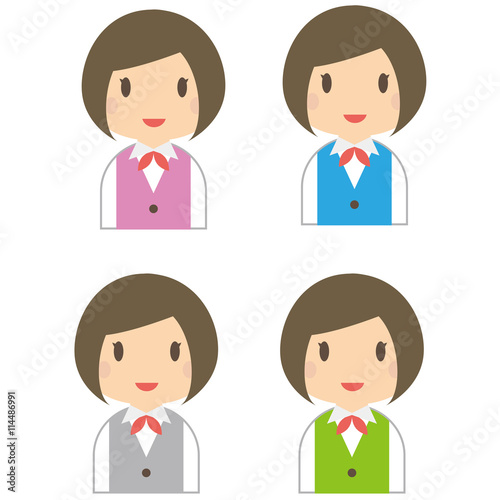 事務のおかっぱ女性　4つの色のユニフォーム