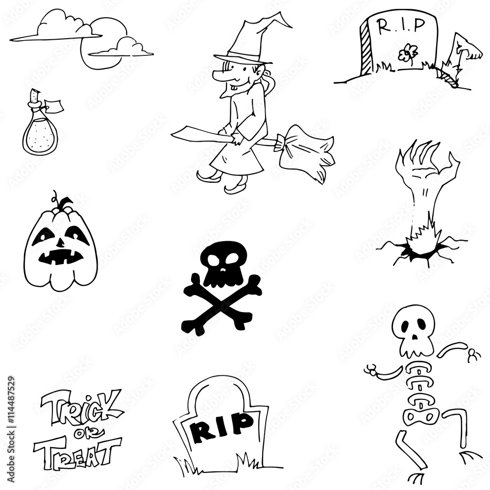 Fototapeta premium Pumpkins skul witch Halloween doodle