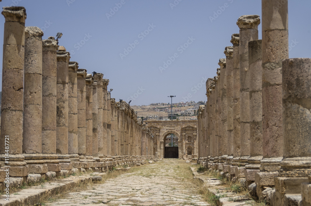 Fototapeta premium Columns in Colonnaded Street and North Gate at background, Ancient Roman city of Gerasa of Antiquity , modern Jerash, Jordan