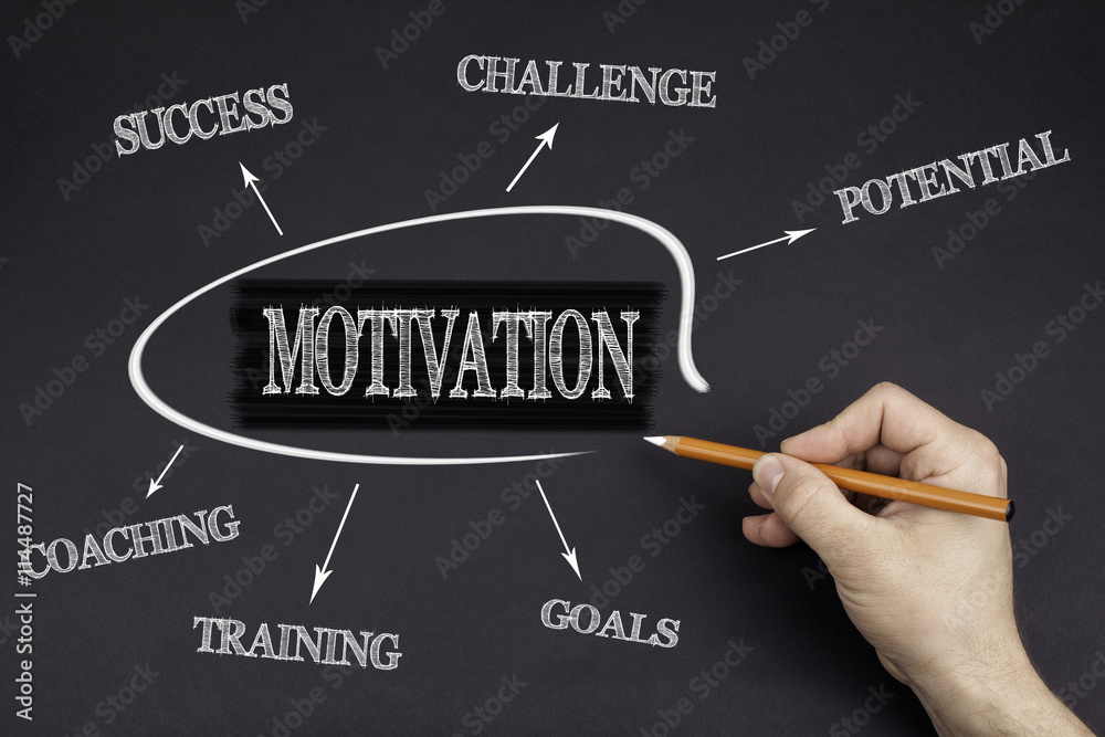 Hand with a white pencil writing: Motivation, Business concept Hand with a white pencil writing: Motivation, Business concept