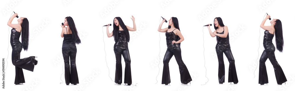 Woman singing in karaoke club in various poses on white Woman singing in karaoke club in various poses on white
