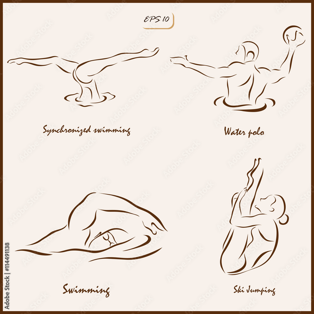 Set of a vector Illustration shows a Water sports. Swimming, water polo, diving, synchronized swimming